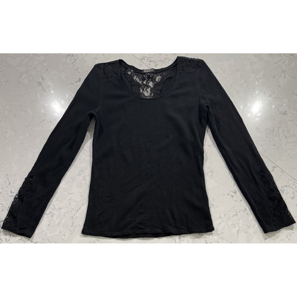 Lucky Brand Lace Inset Thermal Top Womens XL Black 100% Cotton Long Sleeve Knit